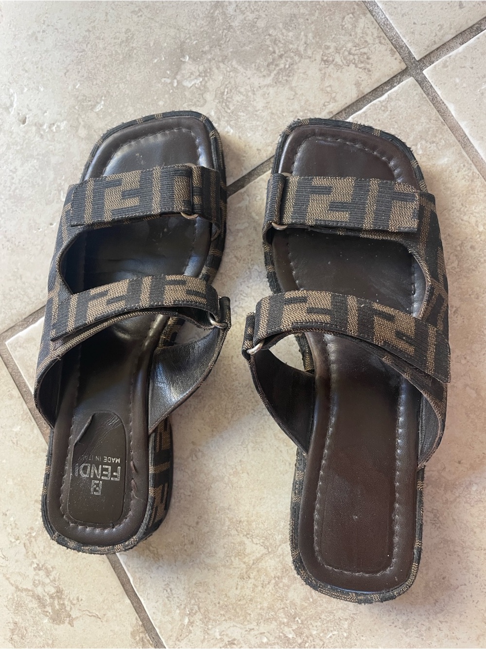 Fendi Brown and Black FF Logo Slide Sandals